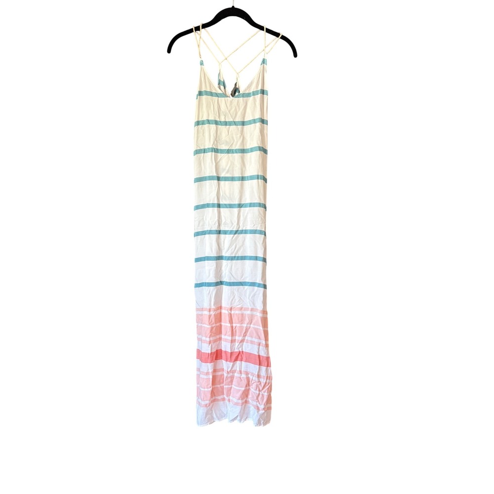 Natural Reflections Womens Striped Maxi Dress Teal Pink Rope Straps Size Small‎